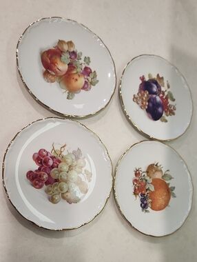 Gold-Rimmed Fruit Salad Plates - White with Multicolor Fruit Motifs
